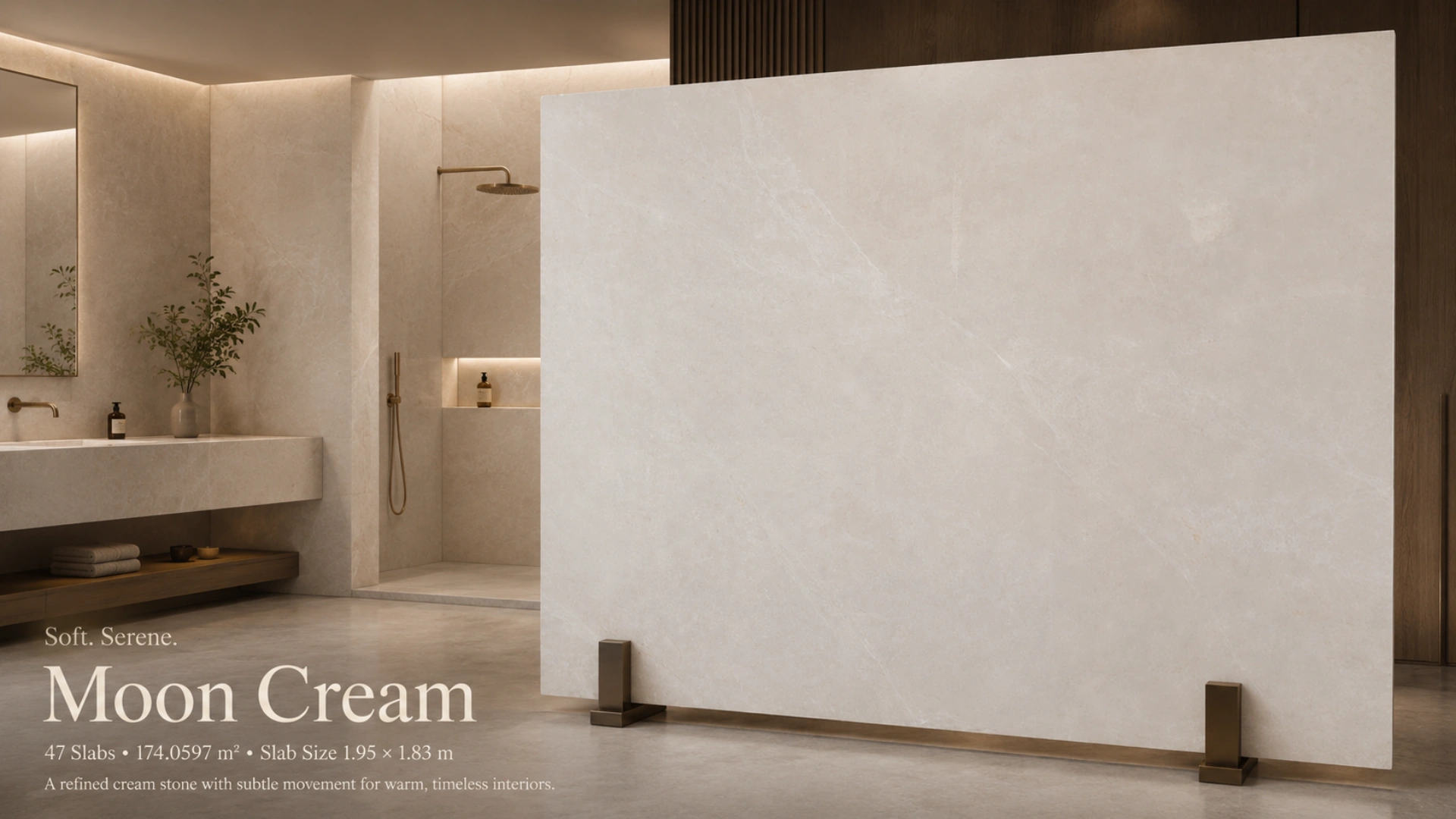 Foto presentasi slab marmer Moon Cream dengan tone krem lembut
